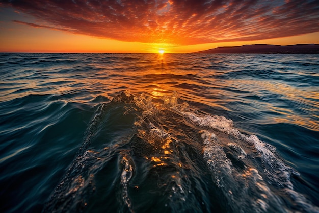 A sunset over the ocean with a wave in the foreground