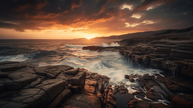 A sunset over the ocean with waves crashing against the rocks