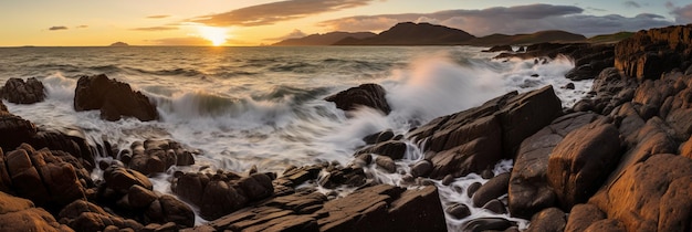 A sunset over the ocean with waves crashing on the rocks