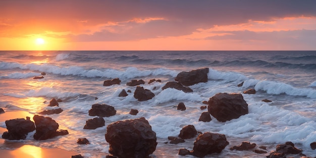 A sunset over the ocean with waves crashing on the shore and big stones in the foreground and in the water Seascape illustration with sand beach cloudy sky and setting sun Generative AI