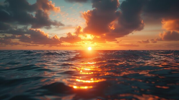 A sunset over the ocean with waves crashing on the shore and clouds over the ocean and beach