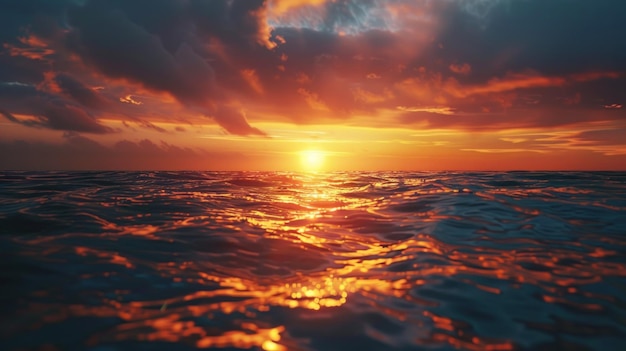 A sunset over the ocean with waves crashing on the shore and clouds over the ocean and beach