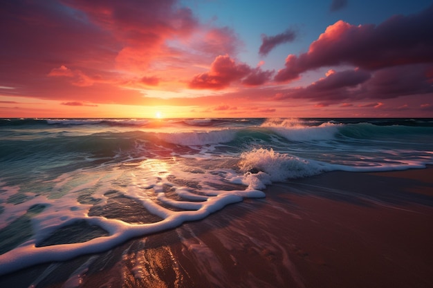 a sunset over the ocean with waves and sand high quality