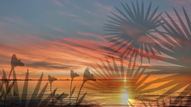 sunset orange yellow lilac cloudy night sky at  sea on beach sun beam  reflection