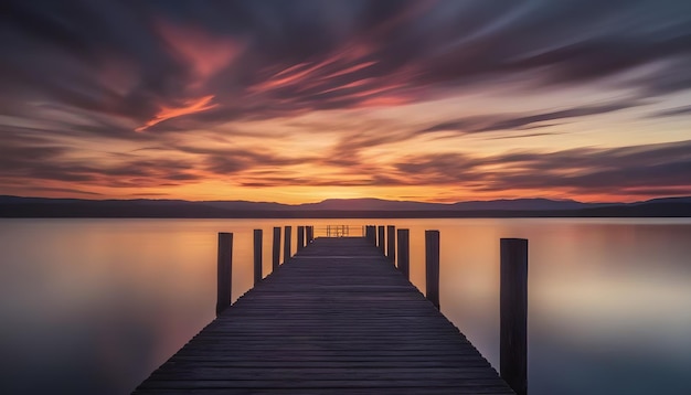 Sunset outdoor nature landscape background with pier at lake in dark wallpaper