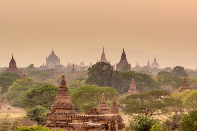 Sunset at Pagoda landscape in the plain of Bagan, Myanmar