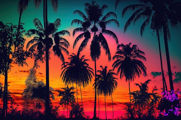 Sunset palm neon forest jungle surreal woodland gorgeous neon dream landscape