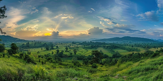 Sunset Panorama of Rolling Hills and Lush Green Fields