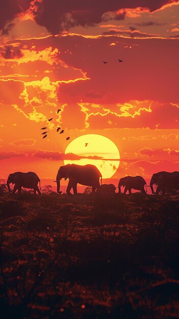 Sunset Parade Silhouette of Large Elephant Herd