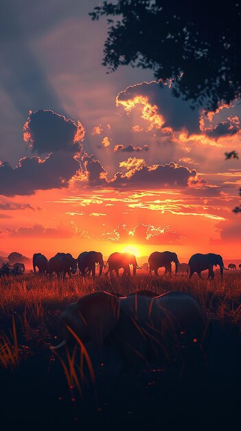 Sunset Parade Silhouette of Large Elephant Herd