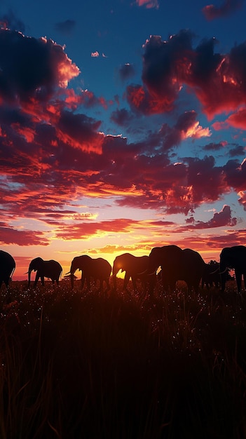 Sunset Parade Silhouette of Large Elephant Herd