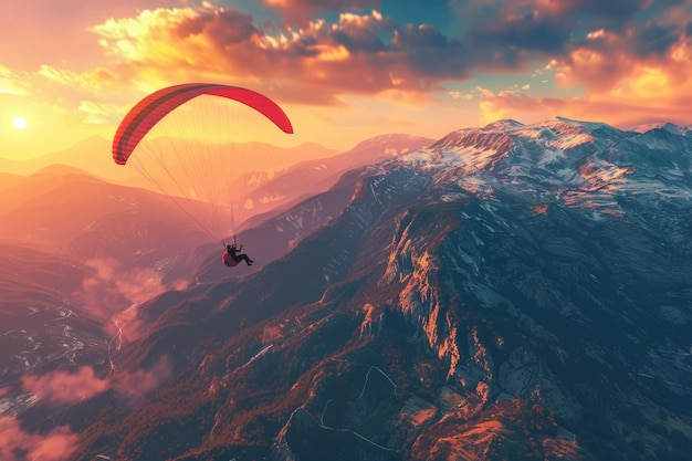 Photo sunset paragliding adventure over mountains