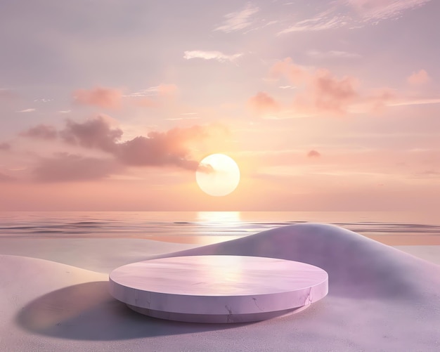 Sunset pastel stand 3D beach scene product podium in dreamy light