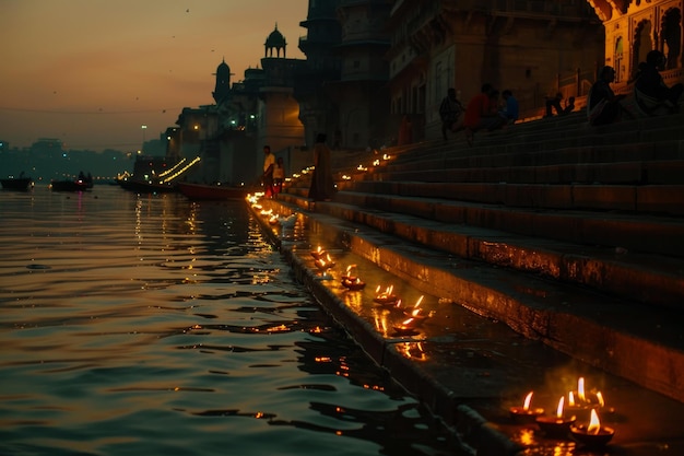 Photo sunset photography of the ghats of varanasi and the bank of the ganges river in india people with li