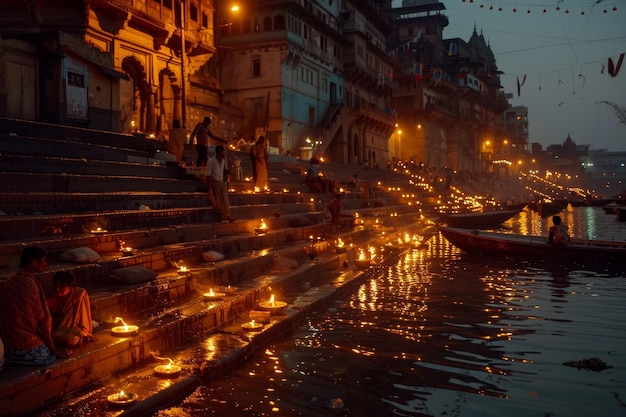 Photo sunset photography of the ghats of varanasi and the bank of the ganges river in india people with li