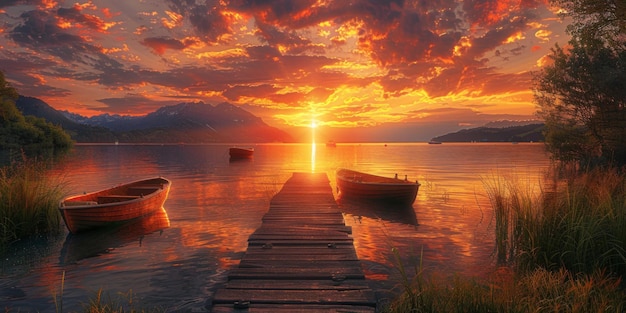 Photo sunset over a pier on with boats on a lake