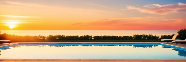 Photo a sunset over a pool of water with a blue and white sunset