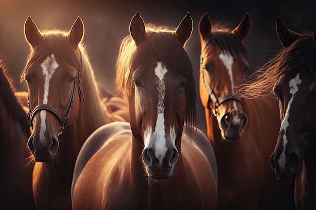 Sunset portrait of a herd of purebred horses limited focus depth