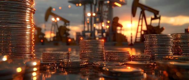 Photo at sunset pumpjack refinery and machinery demonstrate the economic impact of rising oil prices and production costs on the manufacturing sector