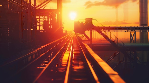 Sunset over Railway Tracks A picturesque sunset over a railway track casting a warm glow on the s