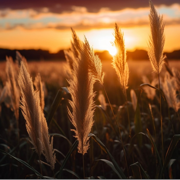 Sunset over reed field Beautiful nature background Shallow depth of field