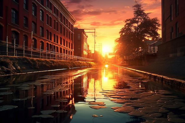 Sunset reflecting on a citys river