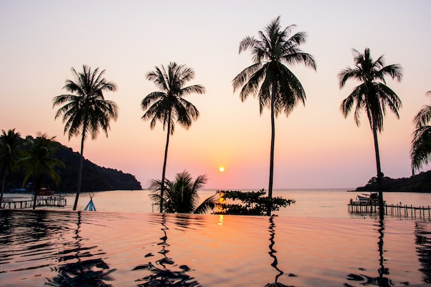 Sunset reflecting on the water surface foreground with coconut trees area ao bang bao 