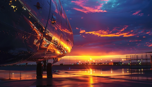 Sunset reflection on airplane fuselage