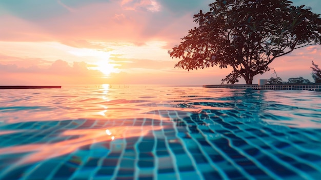 Photo sunset reflection in a pool with a silhouetted tree