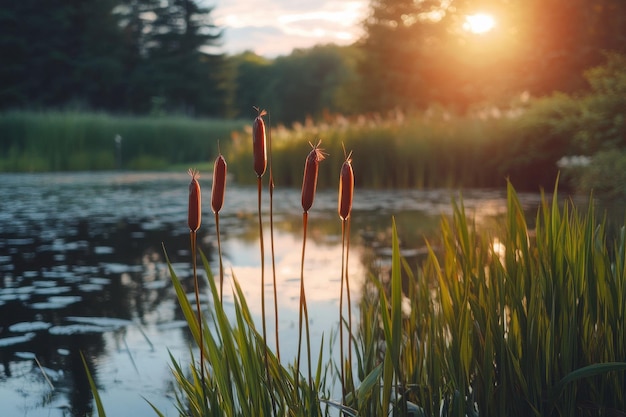 Photo sunset reflection over a serene pond framed by lush vegetation and vibrant reeds by the water39s edge