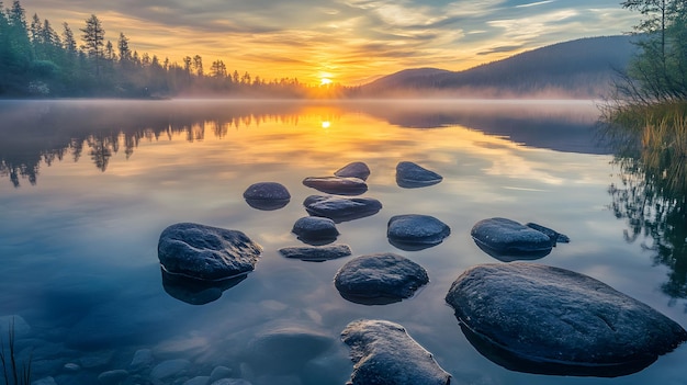 Sunset Reflections on a Still Lake with Smooth Stones