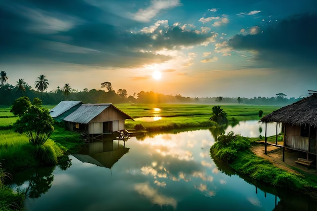 A sunset over a rice field with a house in the foreground