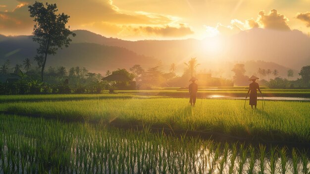 Sunset Over Rice Field with People Standing on Green Field