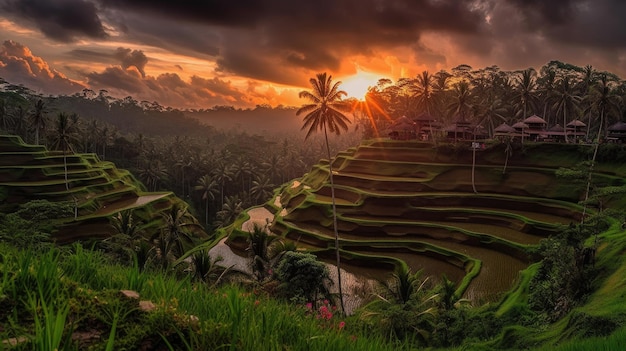 A sunset over rice terraces in bali