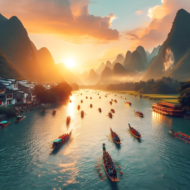 sunset over the river Traditional Chinese boats float on the river against the backdrop of nature