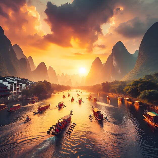 sunset over the river Traditional Chinese boats float on the river against the backdrop of nature