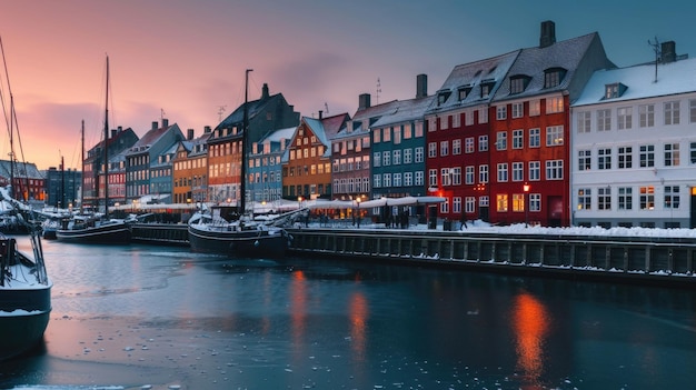 sunset over the river on the winter season