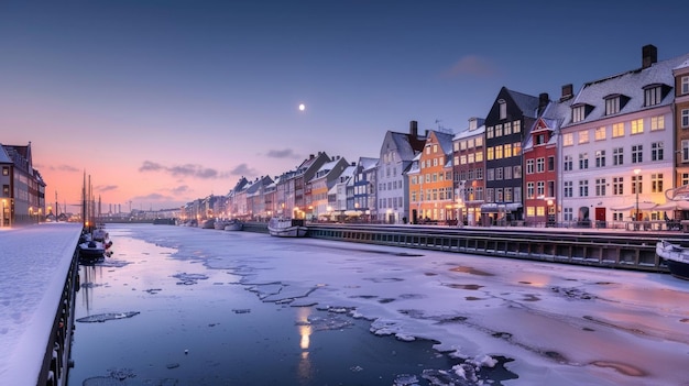 sunset over the river on the winter season