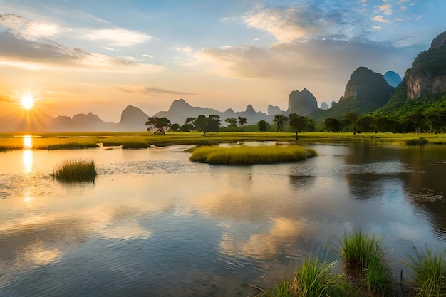 A sunset over a river with mountains in the background