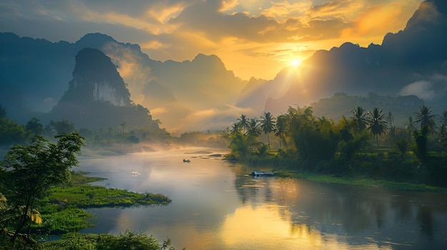 sunset on the river with mountains and a boat