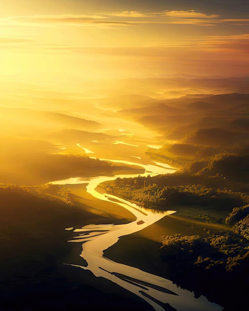 A sunset over a river with a river running through it.