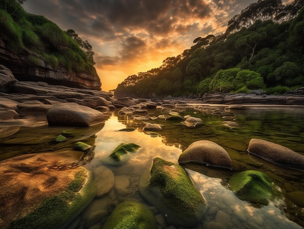 A sunset over a river with rocks and trees in the foreground.