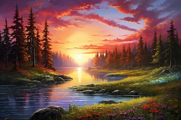 A sunset over a river with a sunset and trees in the background.