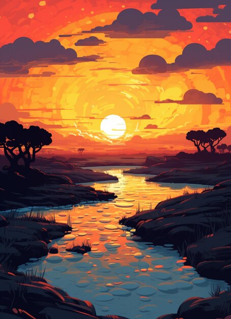 Sunset over a river with trees and rocks in the foreground generative ai