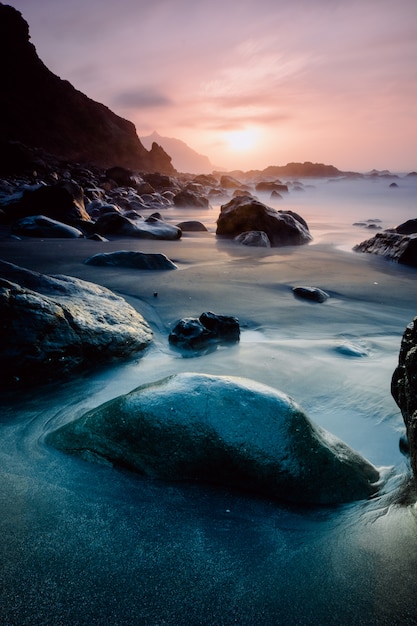 sunset on a rocky beach