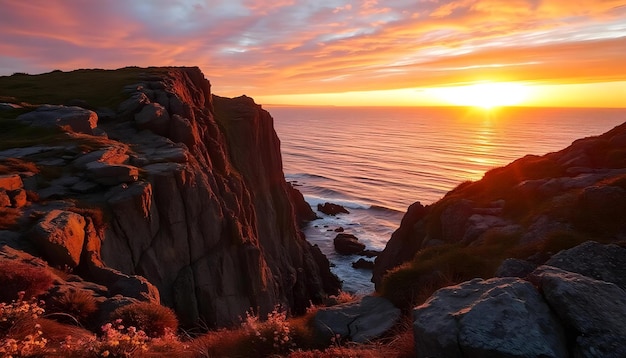 a sunset over a rocky cliff with a sunset in the background