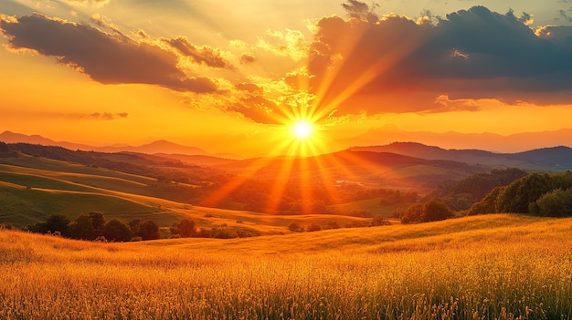 Photo sunset over rolling hills with sun rays shining through clouds