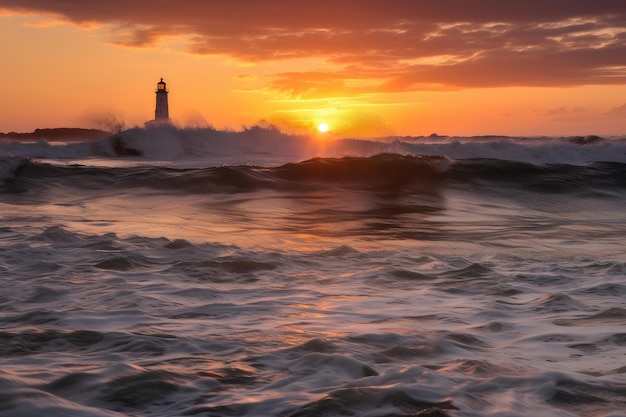 Sunset over rolling waves with lighthouse visible in the distance