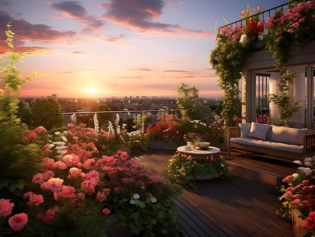 Sunset on rooftop garden Rooftop garden afternoon view garden corner on rooftop in an afternoon