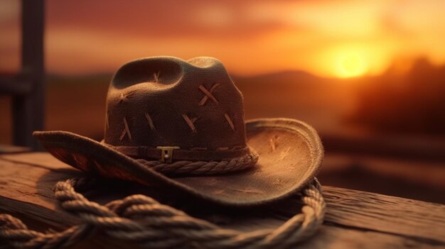 Sunset rural backdrop cowboy hat and rope closeup rustic outdoor feel